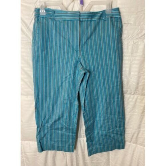 LIZ CLAIBORNE WOMENS SIZE LARGE 14 CAPRI CROPPED PANTS TEAL STRIPED * - Picture 1 of 1